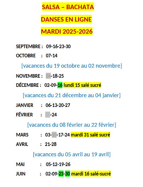 MARDI Salsa Bachata Danses en ligne 2025 2026