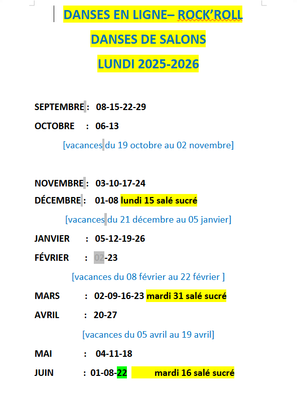 LUNDI calendrier Rock Roll Danses en ligne 2025 2026