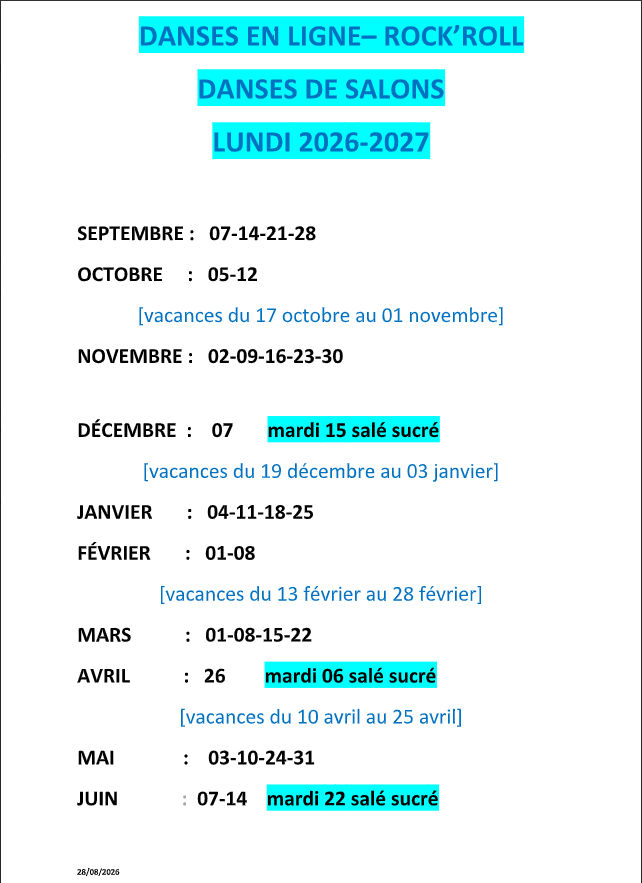 LUNDI calendrier Rock Roll Danses en ligne 2025 2026