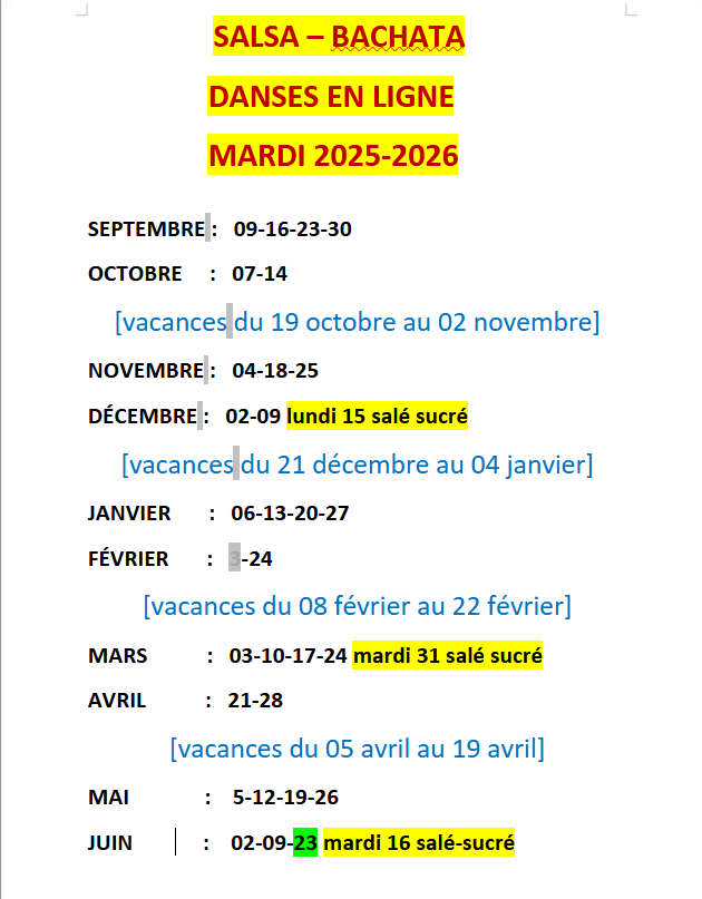 MARDI Salsa Bachata Danses en ligne 2025 2026